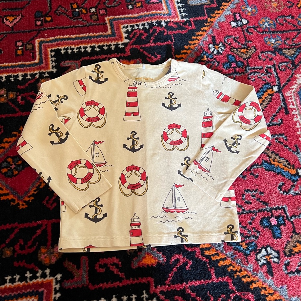 Mini Rodini Cream Nautical Print Long Sleeve Tee with Red and Navy